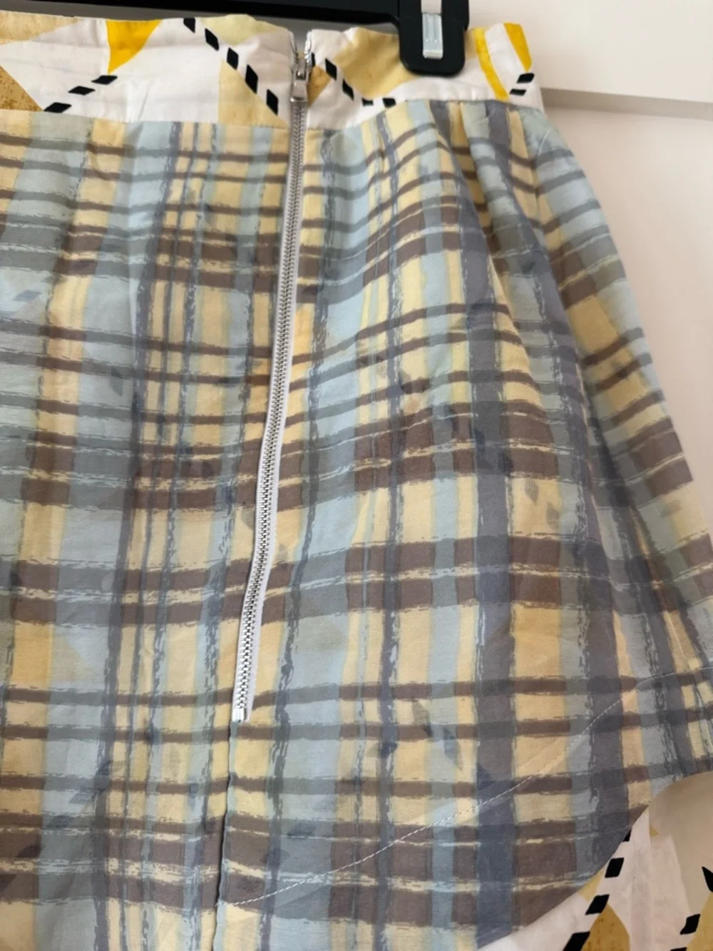 Suno Plaid Mini Skirt with Geometric Trim - Yellow & Gray Sz L